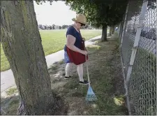  ?? PHOTO BY PAUL CONNORS — MEDIA NEWS GROUP/BOSTON HERALD ?? BOSTON, MA - JULY 15-SATURDAY: Marla Smith, a neighbor who lives nearby, uses a rake to search for discarded needles adjacent to field on which the Boston Bengals Pop Warner football team plays at Clifford Playground July 15, 2023, in Boston, Massachuse­tts.