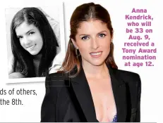  ??  ?? Anna Kendrick, who will be 33 on Aug. 9, received a Tony Award nomination at age 12.