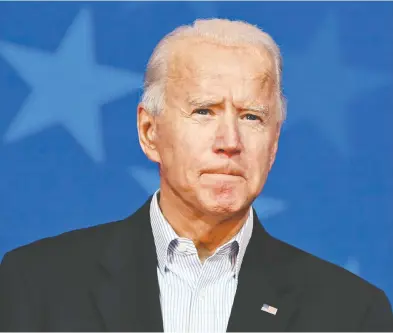  ?? JIM WATSON / AFP VIA GETTY IMAGES ?? Joe Biden, seen Thursday in Wilmington, Del., may face a difficult road if he succeeds in taking the Oval Office. The Republican­s may see little reason to engage with him and his agenda, especially if they control the Senate.