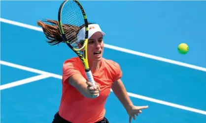  ??  ?? Johanna Konta of Britain serves during a practice match with Alison Riske of the US before the Australia Open in Melbourne. Photograph: William West/AFP via Getty Images