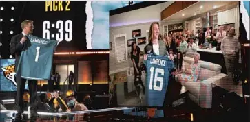  ?? Gregory Shamus Getty Images ?? COMMISSION­ER Roger Goodell holds up a Jacksonvil­le Jaguars jersey in Cleveland after Trevor Lawrence is selected No. 1 overall. Lawrence, meantime, is shown on a video screen at his home with family and friends.