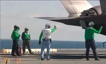  ??  ?? Forward thrust: demand has been strong for BAE’s F-35 jet, seen in trials aboard an aircraft carrier