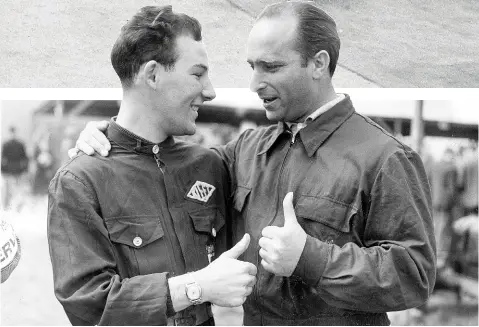  ?? FILE ?? Stirling Moss (left) and Juan Fangio wish each other good luck for the future.