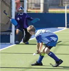  ??  ?? Toowoomba player Matt Hawthorne prepares to launch a shot at the Mackay goal.