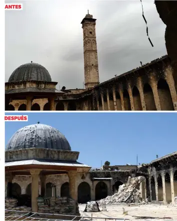  ??  ?? Daños colaterale­s.En estas fotos se puede apreciar el antes y el después del minarete de la Gran Mezquita de Alepo tras venirse abajo en abril de 2013. El Gobierno sirio y los rebeldes que luchan por expulsar al presidente Bashar al-Asad del poder se culparon mutuamente del desastre. ANTES DESPUÉS