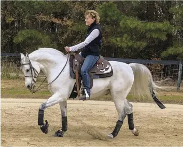  ??  ?? Your goal at the lope is to ride your horse forward, encouragin­g impulsion by sitting deep, following the motion with your seat and lower back, squeezing with your legs as necessary. Loping like this is fun!