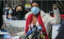  ?? BEBETO MATTHEWS — THE ASSOCIATED PRESS ?? Patricia Armand, an anesthesia nurse at Montefiore Medical Center, demands N95s and other critical personal protective equipment to handle the COVID-19 outbreak Thursday in New York.