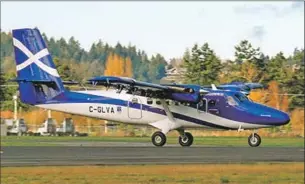  ??  ?? Loganair operates Twin Otter DHC6- 400 aircraft on the Barra route, where planes land at the beach airport and where flight times are subject to the tides.