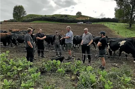  ??  ?? Agronomist Brian Cornish talks with a farm discussion group about the fit and function of fodder beet on the dairy platform.