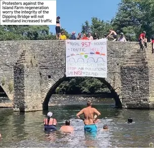  ??  ?? Protesters against the Island Farm regenerati­on worry the integrity of the Dipping Bridge will not withstand increased traffic