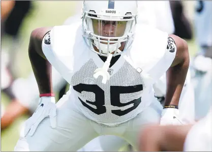  ?? RAY CHAVEZ — STAFF PHOTOS ?? Raiders linebacker Nicholas Morrow, an undrafted free agent from Greenville College, has turned quite a few heads during training camp.