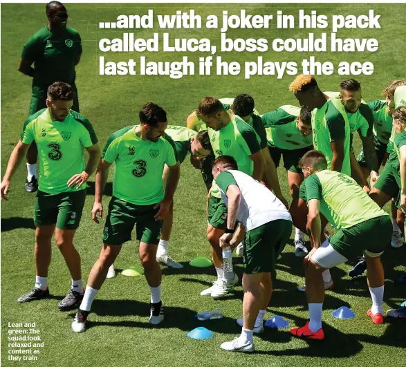  ??  ?? Lean and green: The squad look relaxed and content as they train