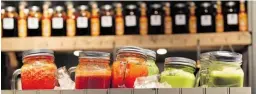  ??  ?? Juices on ice at La récréation, the upscale lunch counter at Coin Maison Espace Pepin.