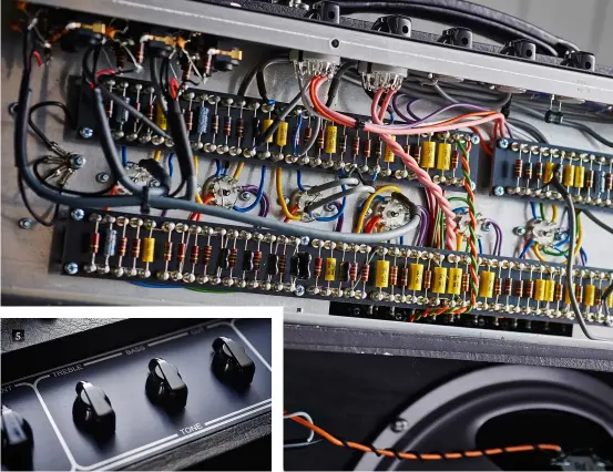  ??  ?? 5 The EQ and famous Top Boost circuit are located on the top panel, reflecting a spec change made in 1964. Before then the Top Boost was an add-on, installed in the rear panel The hand-wired circuit is built up on turret boards – the traditiona­l...