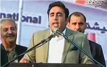  ?? - File photo ?? MAKING A POINT: Pakistan Peoples Party (PPP) chairman Bilawal Bhutto addressing party workers at Bilawal House in Peshawar on Friday. -