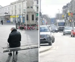  ??  ?? Cars may soon be allowed to access Dunraven Place, left, in Bridgend town centre, as they already do on Nolton Street, right