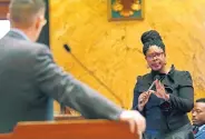  ?? ROGELIO V. SOLIS/ASSOCIATED PRESS ?? Mississipp­i Rep. Adrienne Wooten questions House member Andy Gipson Thursday about House Bill 1510, a measure that would restrict abortions in the state.