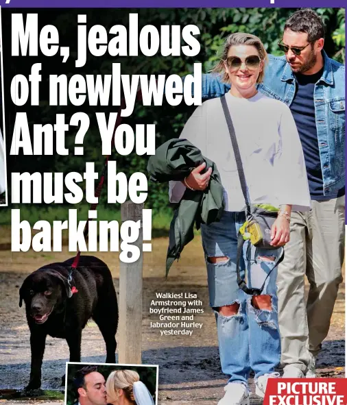  ??  ?? Walkies! Lisa Armstrong with boyfriend James Green and labrador Hurley yesterday