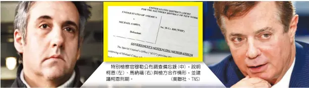  ??  ?? 特別檢察官穆勒公布調­查備忘錄(中)，說明柯恩(左)、馬納福(右)與檢方合作情形，並建議柯恩刑期。 (美聯社、TNS)