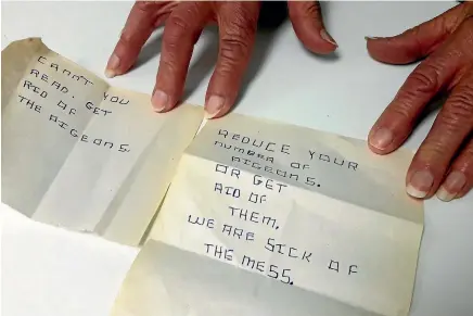 ?? SKARA BOHNY/STUFF ?? A Bishopdale resident has received harassing notes over her neighbour’s pigeons, in a case of mistaken identity. She says the pigeons have been in the neighbourh­ood for ‘‘quite a few years’’ and have ‘‘turned wild’’.