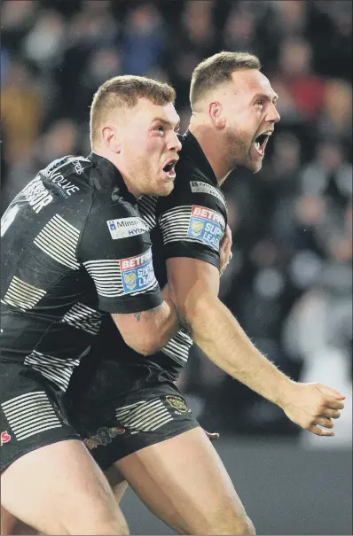  ?? PICTURE: JONATHAN GAWTHORPE ?? FIRST, THE JOY: Hull’s Liam Watts celebrates his try against Catalans, with Scott Taylor, which helped put his side ahead but Watts rapidly went from hero to villain in the Super League encounter. First Taylor was penalised for hitting Jason Baitieri late to gift Luke Walsh a simple two points to level. Then Watts kicked away the standing leg of Baitieri and Walsh slotted his fifth penalty to win the match.