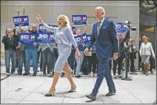  ?? (File Photo/AP/Matt Rourke) ?? Democratic presidenti­al candidate former Vice President Joe Biden, accompanie­d by wife Jill, arrives March 10, 2020, to speak to members of the press at the National Constituti­on Center in Philadelph­ia.