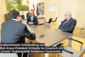  ??  ?? Außenminis­ter Schallenbe­rg und Rot-Kreuz-Präsident Schöpfer im Gespräch mit „Krone“-Außenpolit­ik-Redakteur Hauenstein.