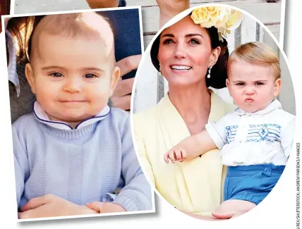  ??  ?? Happy chap: A sweet smile from William and Kate’s eight-month-old son in the family’s 2018 Christmas portrait . . . and showing his mischievou­s side at Trooping the Colour last month