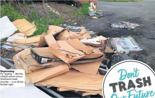  ?? ?? Depressing
Fly- tipping — like this rubbish strewn across Strathaven roads recently — is an all-too familiar sight