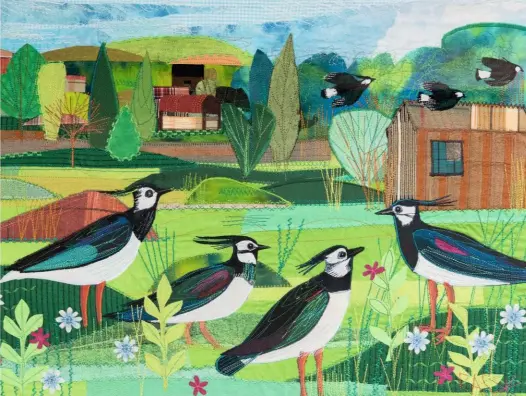  ??  ?? A finished artwork, called Lapwing. The picture is based on a country scene Rachel walked into. The birds help to break up the predominan­t green of the landscape and create a focal point. › This country fields scene is awaiting the addition of a fabric...