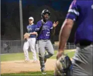  ?? THOMAS NASH - DIGITAL FIRST MEDIA ?? Phoenixvil­le’s Justin Blakey (23) celebrates after scoring a run during the top of the sixth inning Monday.