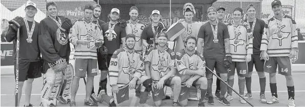  ?? [SUBMITTED] ?? The Elmira 37s and Team Apex took a group photo together after the Redwood Cup finals, which Team Apex won in a shootout. Team Apex consists of Boston Bruins player Ryan Spooner and friends. Elmira 37s players are Brandon Brubacher, Luke Baleshta,...