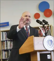  ?? BOSTON HERALD FILE ?? OTHER SHOE?: Department of Elementary and Secondary Education Commission­er Jeffrey Riley softened his stance this week, dropping the ‘underperor­ming’ label that would have allowed a state auditor to oversee Hub schools.