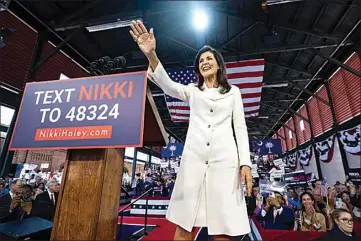  ?? MIC SMITH / AP ?? Republican presidenti­al candidate Nikki Haley greets supporters after her speech Wednesday in Charleston, S.C.