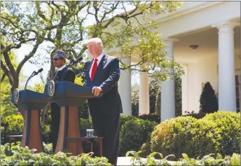  ?? AP PHOTO ?? President Donald Trump speaks during a news conference with President Muhammadu Buhari in the Rose Garden of the White House.