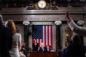  ?? SHAWN THEW-POOL — GETTY IMAGES ?? U.S. President Joe Biden delivers the annual State of the Union address before a joint session of Congress in the House chamber at the Capital building on March 7, 2024 in Washington, D.C.