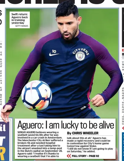  ?? GETTY IMAGES ?? Swift return: Aguero back in training yesterday