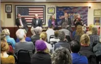  ??  ?? Democratic candidates running to represent Pennsylvan­ia’s 7th Congressio­nal District attend a discussion panel with an audience at the VFW Hall in Media. From left are: Dan Muroff, state Sen. Daylin Leach, Molly Sheehan, Drew McGinty and Elizabeth Moro.