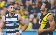  ?? Picture: JULIAN SMITH ?? FANCY A BATH ALEX? Harry Taylor had the better of Alex Rance in their Round 21 clash. Expect a greatly improved effort from the All-Australian captain on Friday night.