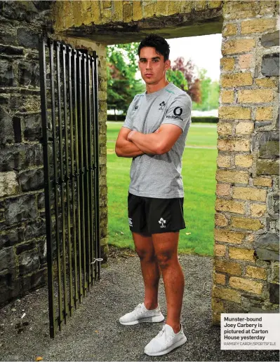  ?? RAMSEY CARDY/SPORTSFILE ?? Munster-bound Joey Carbery is pictured at Carton House yesterday