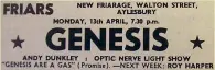  ??  ?? AD FOR GENESIS’ FIRST PERFORMANC­E AT FRIARS ON APRIL 13, 1970.