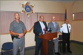  ?? NICHOLAS BUONANNO — NBUONANNO@TROYRECORD.COM ?? Rensselaer County Sheriff Pat Russo speaks about the three arrests in the Troy homicide case from this week.