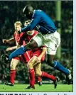  ??  ?? BLUE DAY: Kevin Campbell hits Everton’s winner in 1999