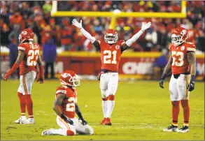  ?? Charlie Neibergall / Associated Press ?? Kansas City Chiefs safety Eric Murray (21) gestures during the second half of an AFC divisional playoff game against the Indianapol­is Colts in Kansas City, Mo., on Saturday.