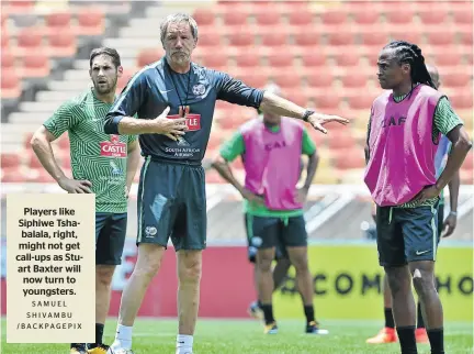  ?? SAMUEL S H I VA M B U /BACKPAGEPI­X ?? Players like Siphiwe Tshabalala, right, might not get call-ups as Stuart Baxter will now turn to youngsters.