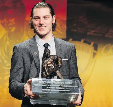  ?? ELSA GARRISON/GETTY IMAGES ?? Hobey Baker Memorial Award winner Adam Gaudette impressed in his short stint with the Vancouver Canucks, but this “summer is going to dictate a lot in where he starts off next season,” head coach Travis Green said of the NCAA’s leading scorer from this...