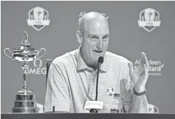  ??  ?? Jim Furyk speaks during a news conference Monday to officially name the eight qualifying members of the U.S. Ryder Cup team. JOHN DAVID MERCER/USA TODAY SPORTS