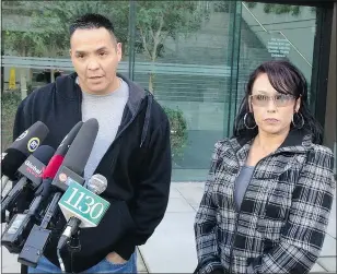  ?? KEITH FRASER/PNG ?? Herman Bee, father of dead teen Kayla Lalonde, and his sister Eliza Willier, who helped raise Kayla, speak to reporters Monday in Vancouver at the dangerous offender hearing for Martin Tremblay.