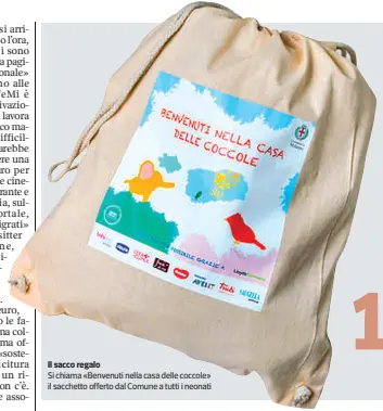  ??  ?? Il sacco regalo
Si chiama «Benvenuti nella casa delle coccole» il sacchetto offerto dal Comune a tutti i neonati