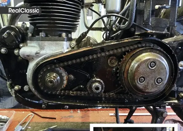  ??  ?? Above: Sealing the notorious steel primary chaincase is possible with modern compounds. However, separating the two halves can then be a Norton challenge